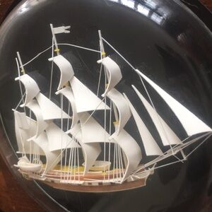 Vintage Handmade 3D Sail Ship Bubble Glass Wall Plaque Cherry Wood Base Signed